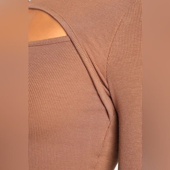 LULU’S Flirty Little Secret Brown Ribbed Cutout Long Sleeve Top - Picture 5 of 6